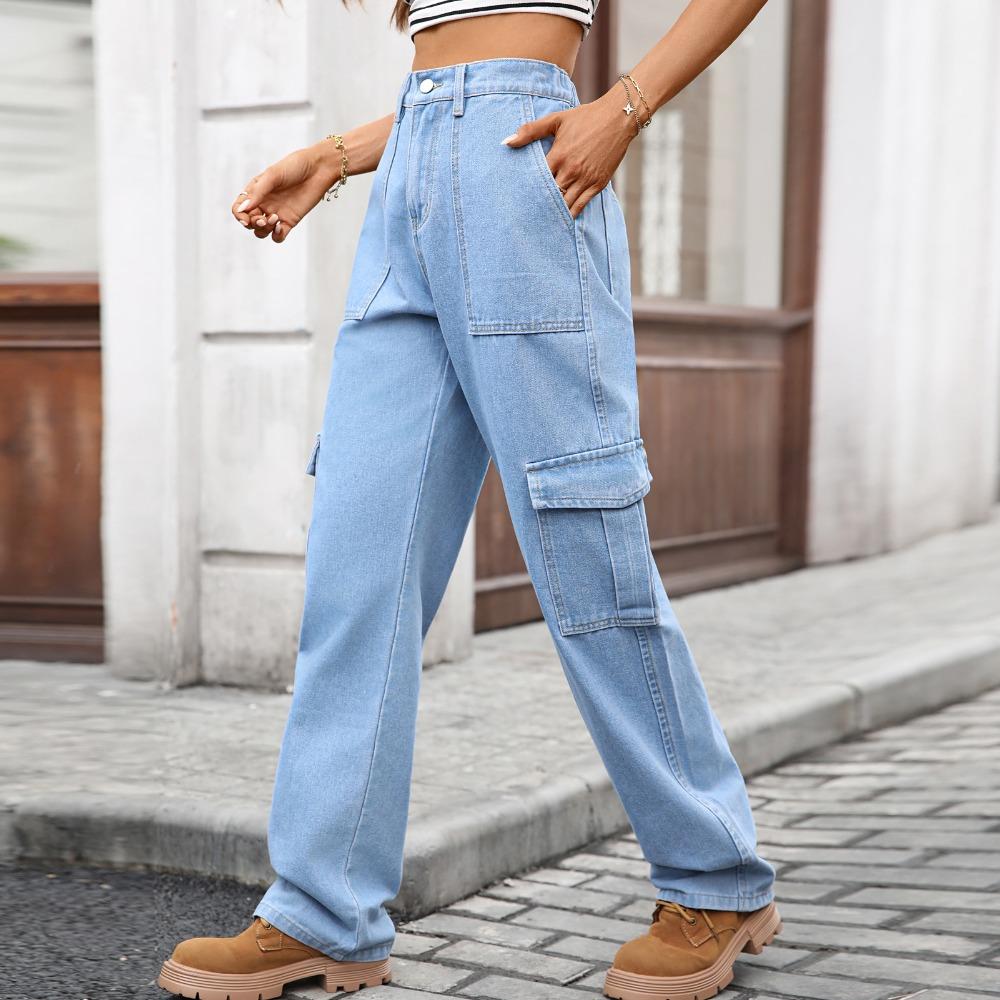 Women's Elastic Waist Straight Leg Long Denim Cargo Pants Street Style Washed Denim Cargo Trousers