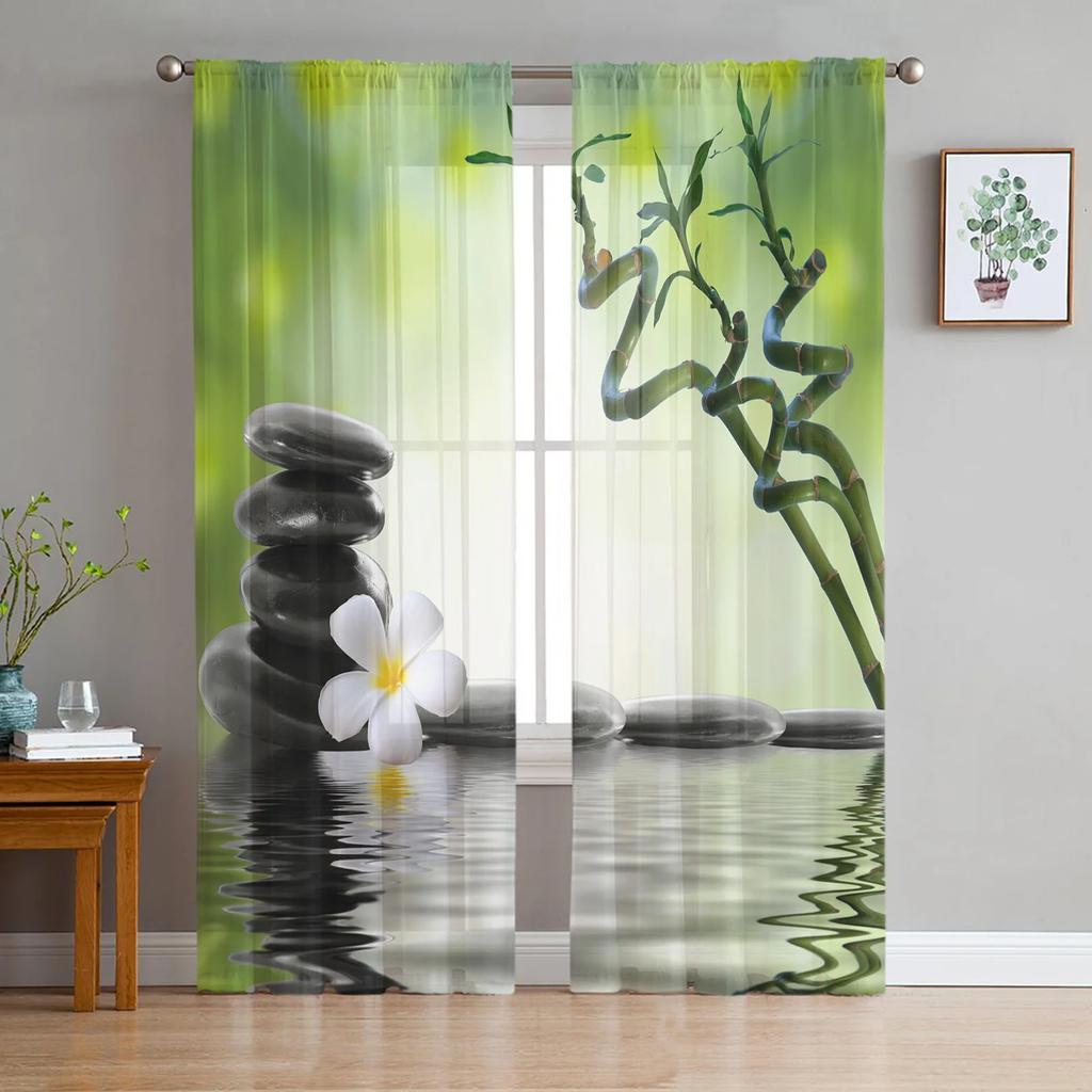 Grüne Blätter Stein Wand Tüll Vorhänge für Wohnzimmer Druck Sheer Voile Vorhang Schlafzimmer Fenster Screening Vorhänge Jalousien Home Decor