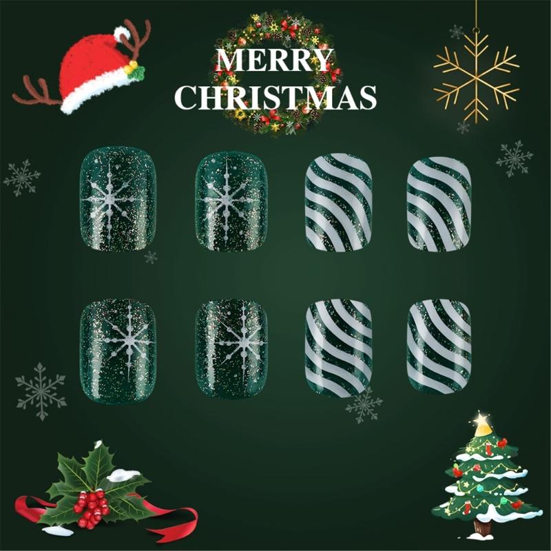 24 Pcs Christmas Press On Nail Wreath Stick On Nail Glittering Stripes Acrylic Nail Short Full Cover False Nail