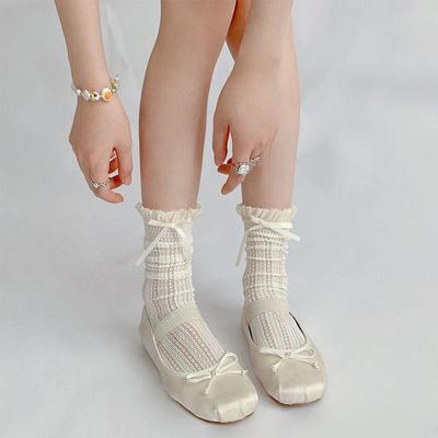 Women's Spring and Summer Ribbon Bow Ballet Style Breathable Lace Lace Mid Calf Socks