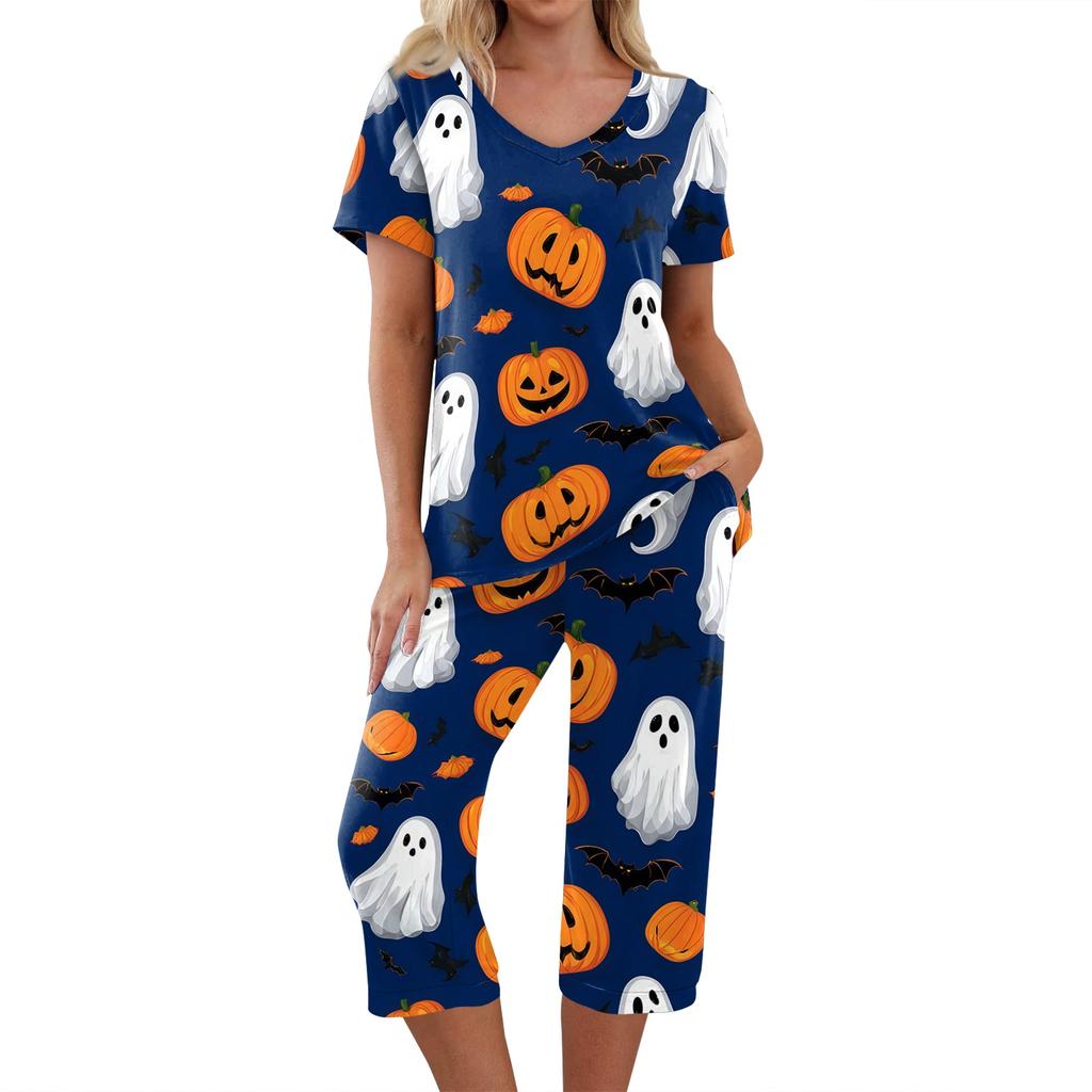 Damen Halloween Zweiteiliges Outfit Set - Lässiges Kurzarm-Oberteil und Bedruckte Hose, Bequeme Sportbekleidung für Feiertagspartys