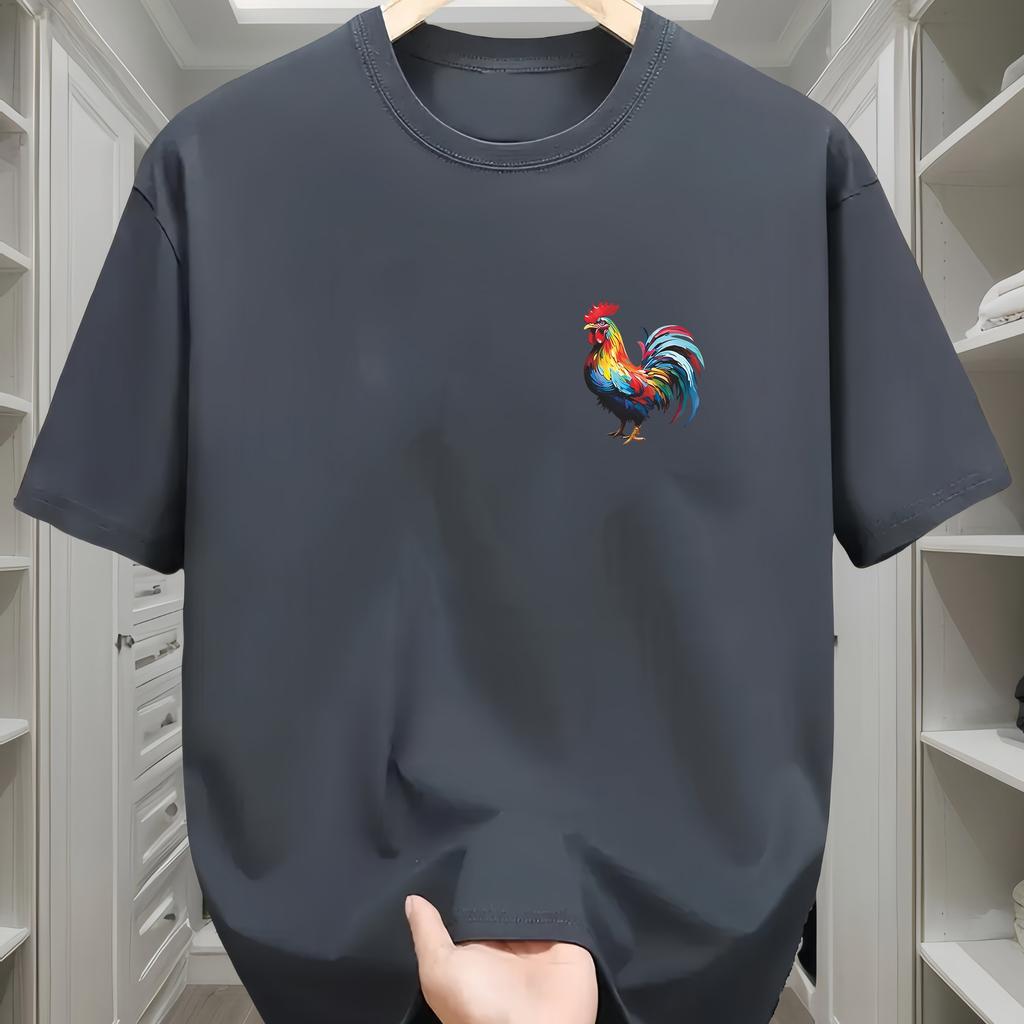 Men's summer 100% pure cotton fashionable casual loose sports bright rooster print round neck short sleeved T-shirt top