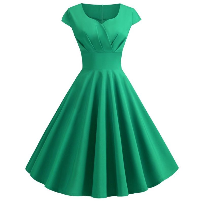 Hot-selling new retro women's clothing V-neck half-sleeved waist solid color pendulum dress, starting with one piece.