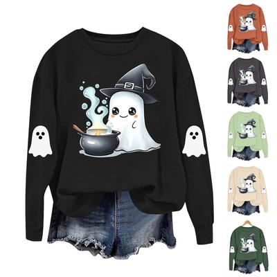 Top Casual de Manga Larga para Mujer con Estampado de Halloween y Cuello Redondo