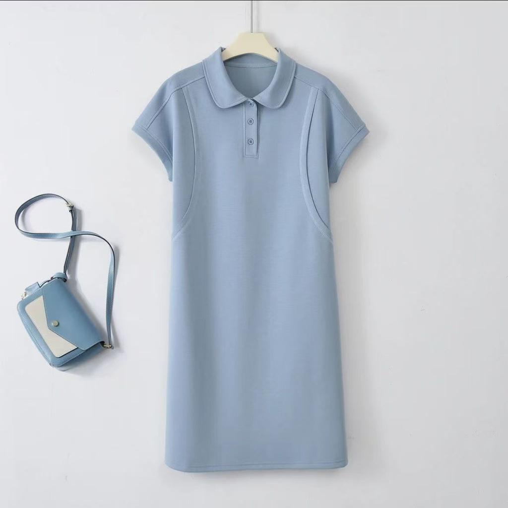 Summer New Simple POLO Neck Dress Children Slightly Fat Plus Size Medium and Long Meat Covering and Thin Short-sleeved T-shirt Skirt