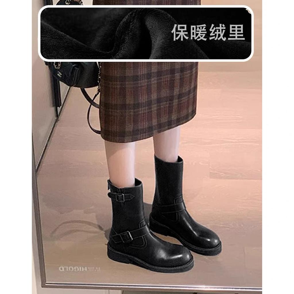 2025 autumn and winter new cowhide British style belt buckle medium boots femininity thick-soled Martin boots