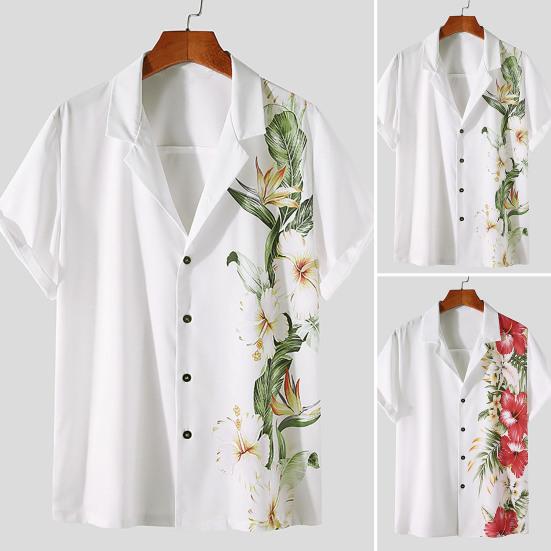 Plážová košile s květinovým potiskem, límeček, jednořadý pánský top s krátkým rukávem na dovolenou