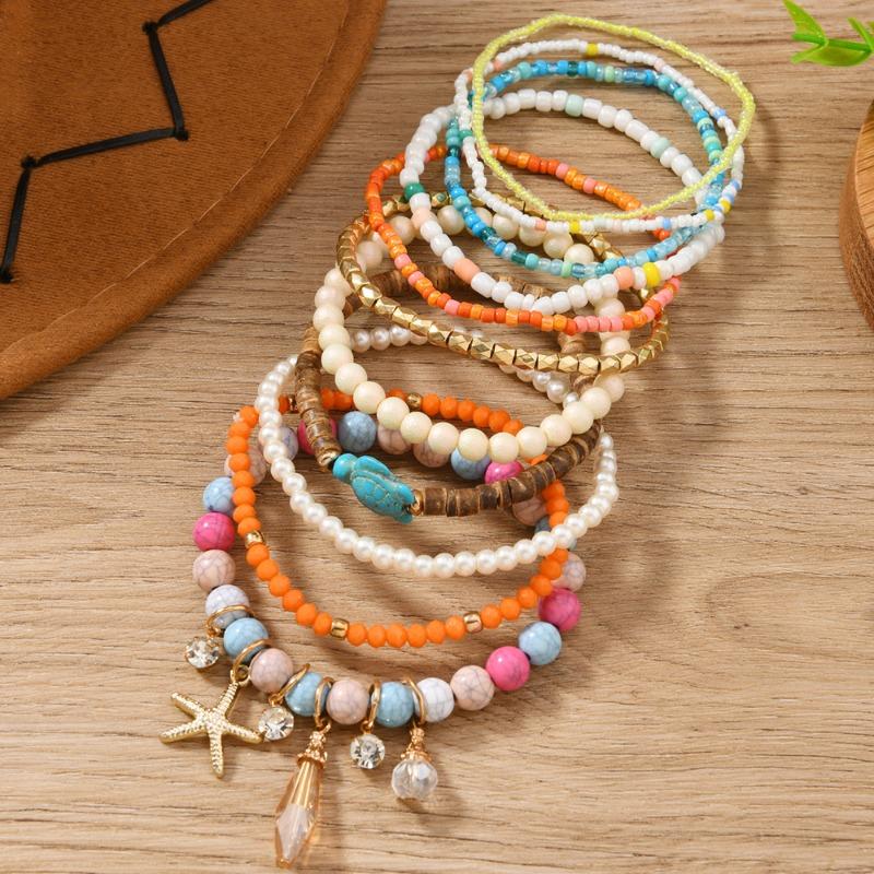 11 Accessories Colored Beaded Flowers Pearl Turquoise Stacked Bracelets Sweet Fashion Jewelry