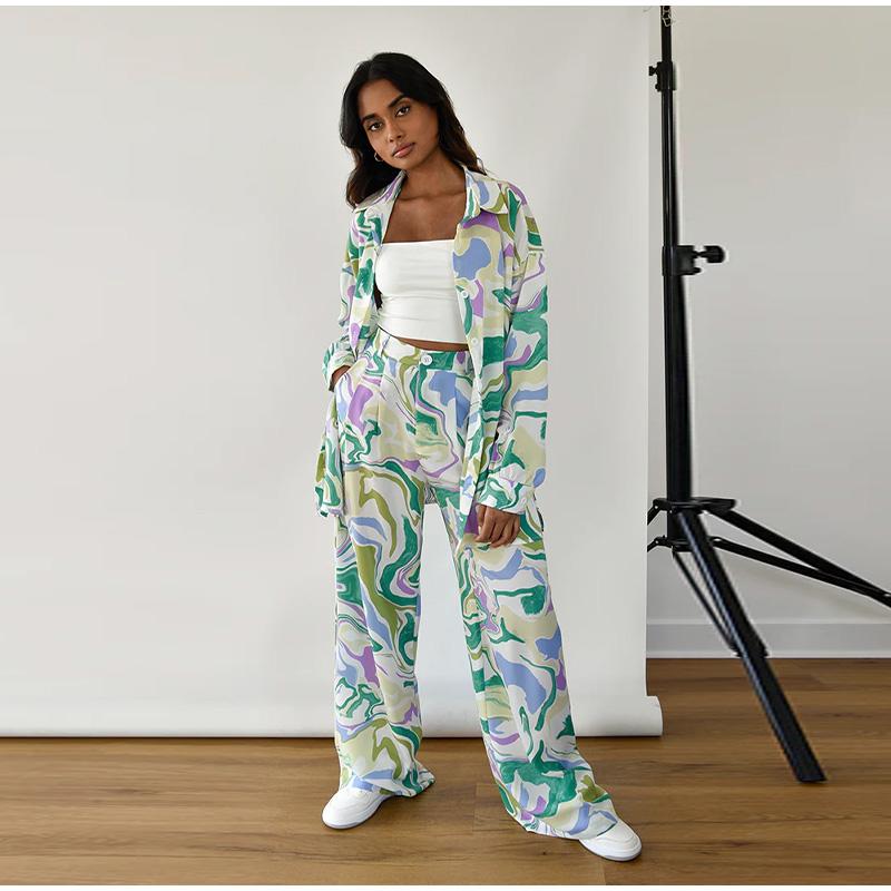 

Женская уличная свободная рубашка с принтом, с длинным рукавом, модный повседневный костюм, женский летний костюм-двойка для работы, отпуска, пляжа XXXL