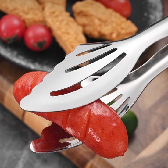Stainless Steel Serving Tongs with Slotted Heads BBQ Buffet Food Clips Heat-Resistant Rust-Proof Hollow Chuck Design Kitchen Utensils