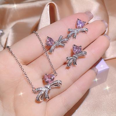 Fashion Pink Heart Bow Zircon Three-piece Jewelry Set for Women's Elegant Ring Necklace Wedding Bridal Jewelry Sets for Women