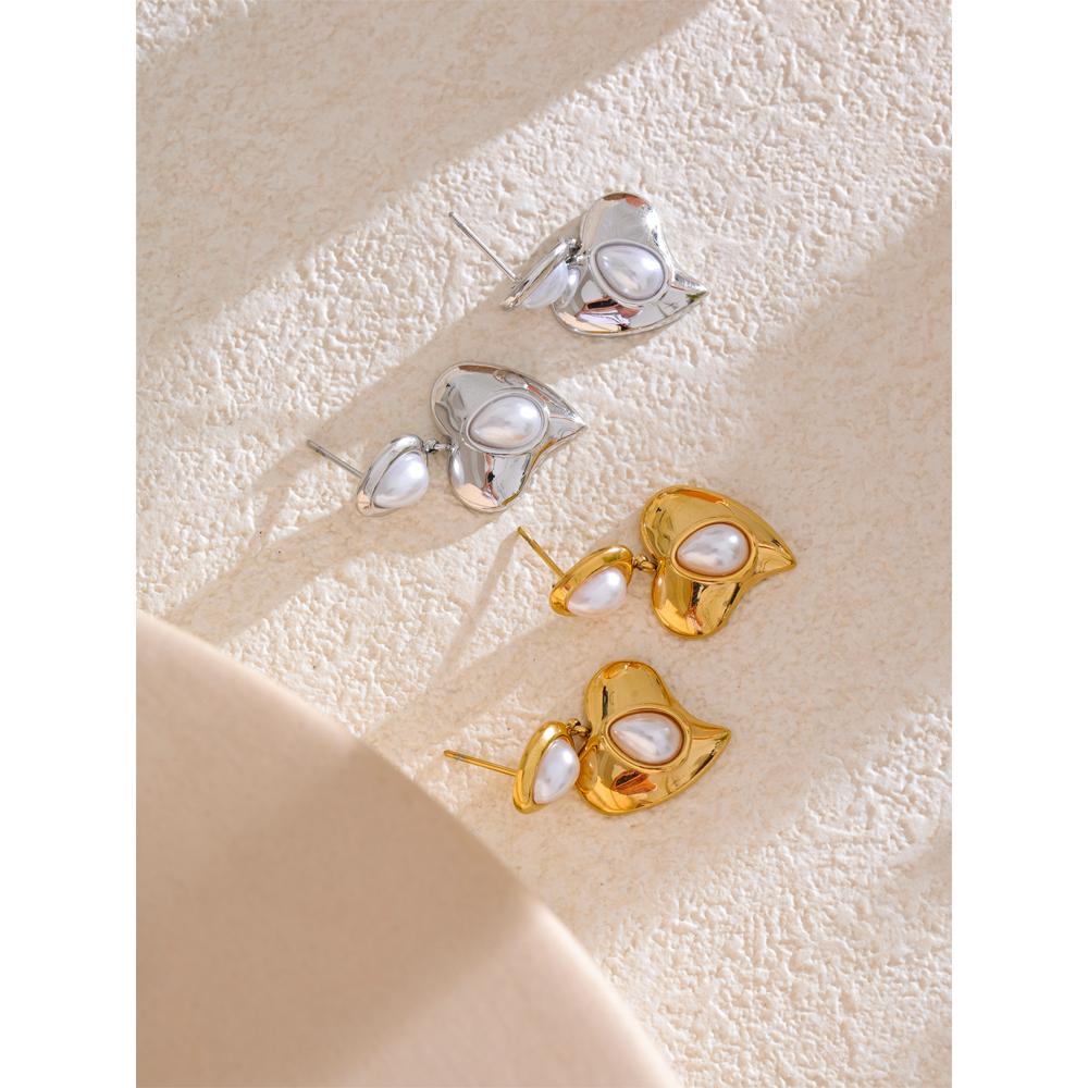 Yhpup Popular Imitation Pearls Heart Drop Daily Earrings Gift for Women Stainless Steel Elegant Romantic Jewelry Water Resistant