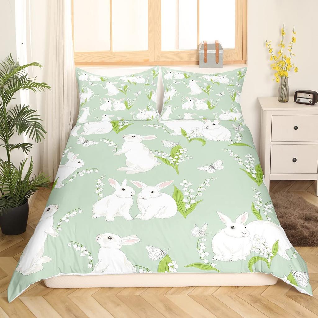 Rabbit Print Kids Girls King Queen Duvet Cover Cartoon Pink Little Bunny Comforter Cover Animal Floral Polyester Bedding Set