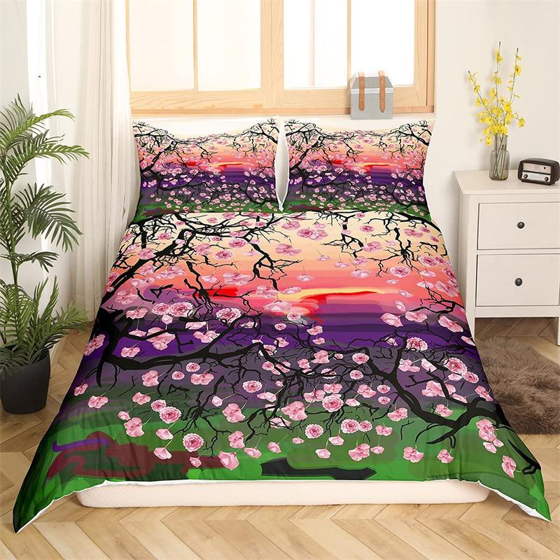 Povlečení s třešňovým květem Květina Větev Povlak na přikrývku Japonský styl Botanická krajina Malby Povlak na přikrývku Dekor do ložnice