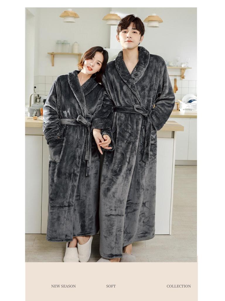 Winter Couple's Thick Flannel Robe - Warm Coral Fleece Long Bathrobe for Men and Women