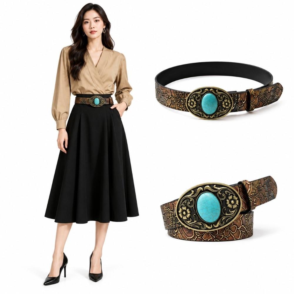Antique Bronze Buckle Western Cowgirl Belt PU Leather Floral Embossed Belt  Outfit Decoration