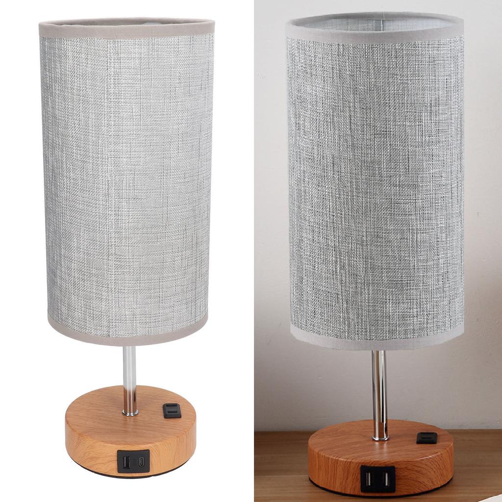Touch Control Table Lamp Metal and Cloth USB Charging Three Gear LED Nightstand Lamp with Wood Grain Base for Bedroom  