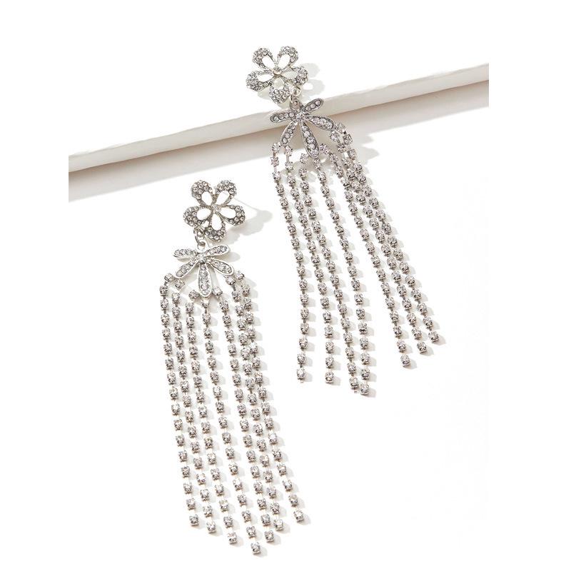 Elegant Tassel Stud Earrings with Zircon Flowers for Women серебряный