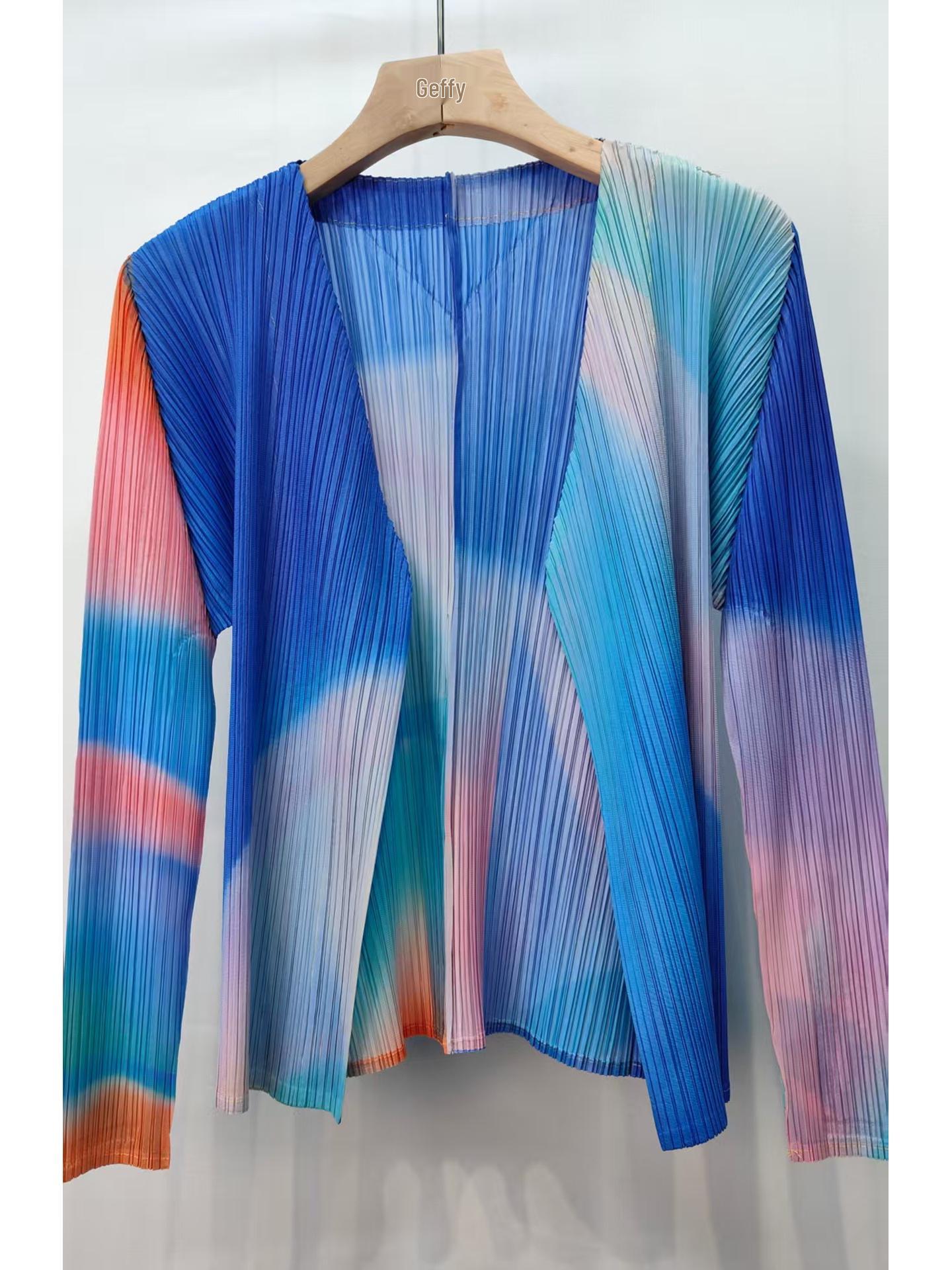 Стиль Мияке Весна/Лето Дофаминовый Радужный Утягивающий Курортный Платье Кардиган One Size