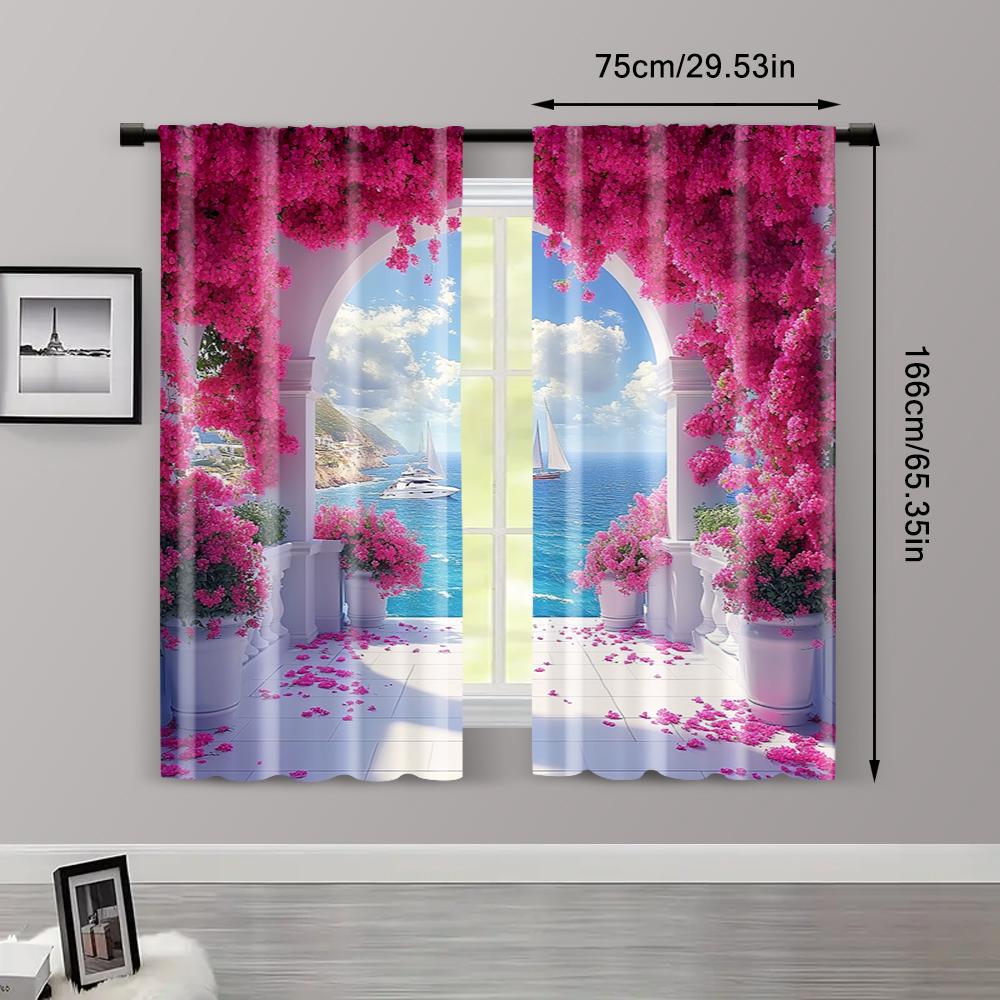 2pc,  Curtain depicts a waterfront arch surrounded by flowers Versatile Polyester,Without Electricity Birthday Party Suitable