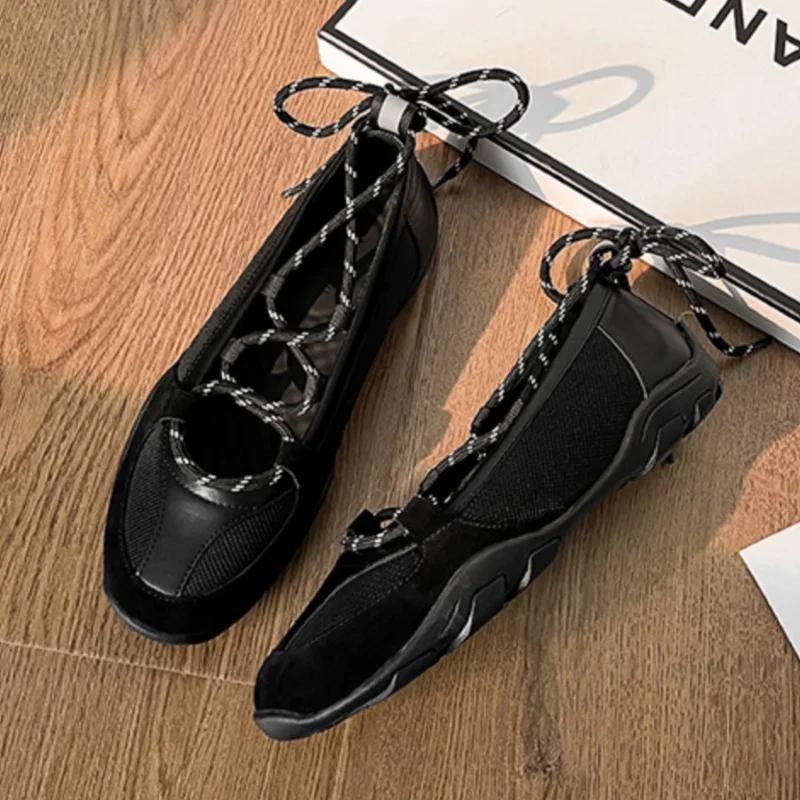 Designer Flat Heel Casual Single Shoes Women All Match Cross Tied Ballet Shoes Outdoor Runway Breathable Mary Janes Female Ins