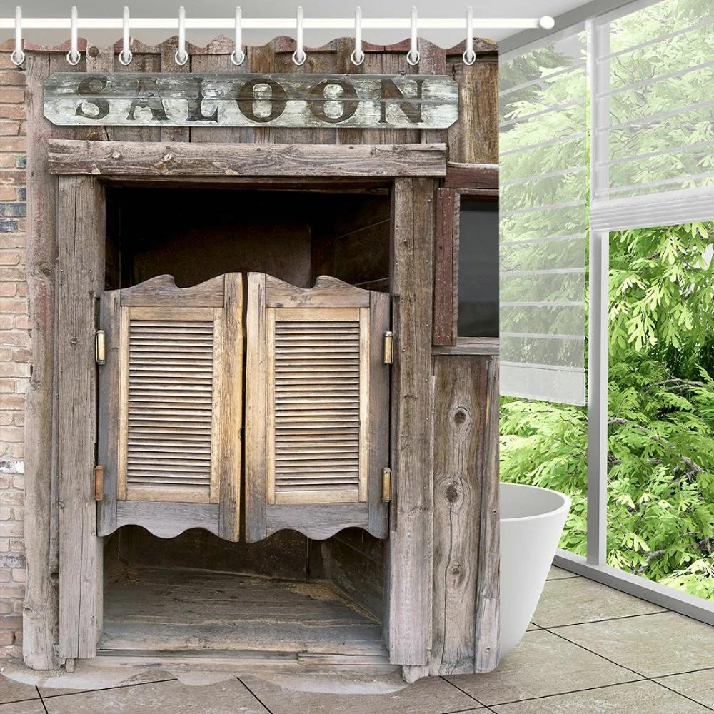 Bauernhaus Dekorativer Duschvorhang aus Holztür Retro Rustikale Scheunenholztür Europa Western Country Home Decor Badvorhanghaken