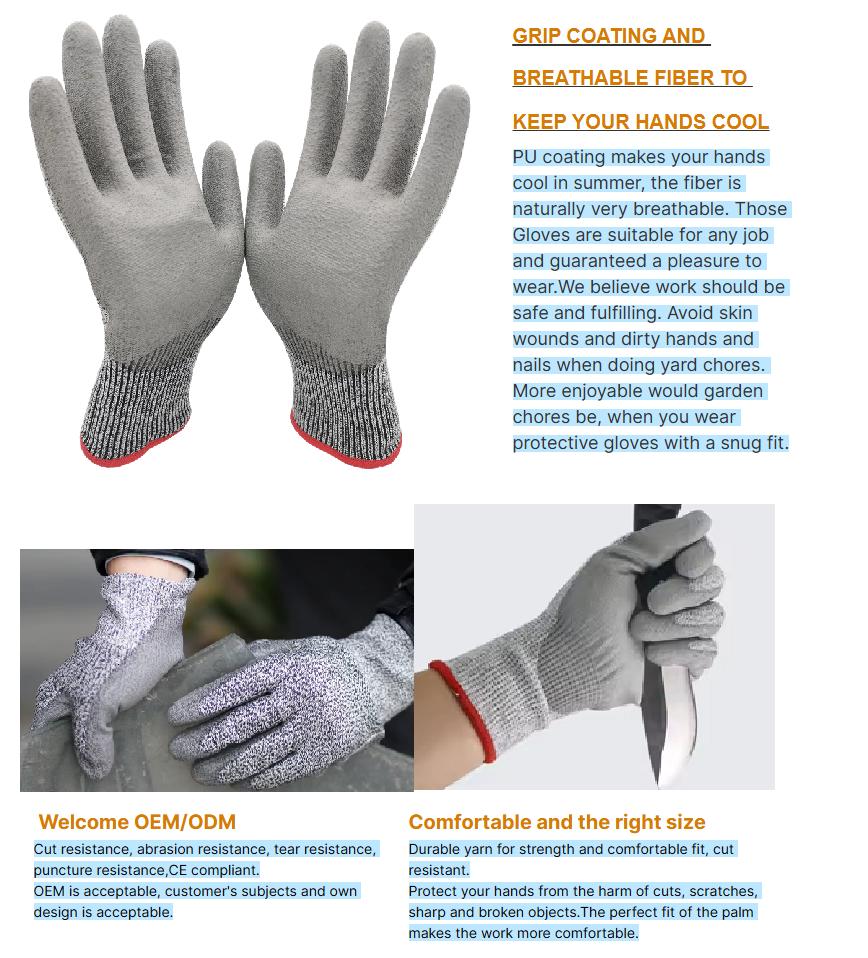 Cut Resistant Level 5 HPPE Coated Knitted Waterproof Anti-Chemical Custom Durable Glass Work Safety Gloves Silicone-free