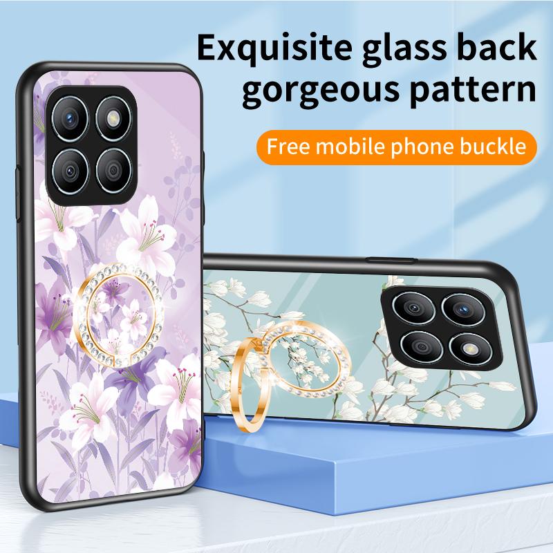

For Honor X8b 4G Flower Pattern Case Tempered Glass Phone Cover Ring Kickstand White Flower Bush