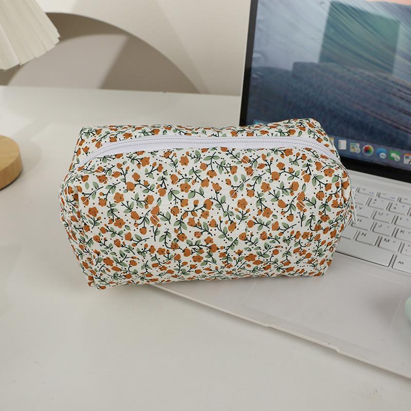 Floral Cotton Fabric Makeup Bag With Zipper Storage For Women And Teens