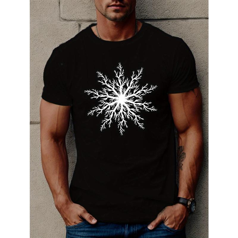 Europäische Größe Herren Schneeflocken Grafik T-Shirt - Strickstoff, Rundhalsausschnitt, Geometrisches Muster, Lässiger Stil, Leichte Dehnung, Sommer Passform Kurzarm-T-Shirt