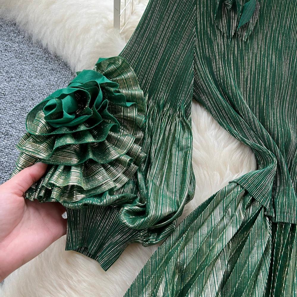 Wiosna Jesień Kobiety Luksus Plus Size Plisy Miyake Kwiat 3D Oversize Luźna Długa Sukienka Maxi Party Plisowana