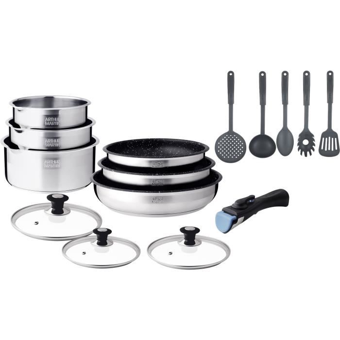 Induction Cookware Set - Arthur Martin - AM1275 - Stainless Steel - 15 Pieces - Removable Handle - All Heat Sources Including Induction