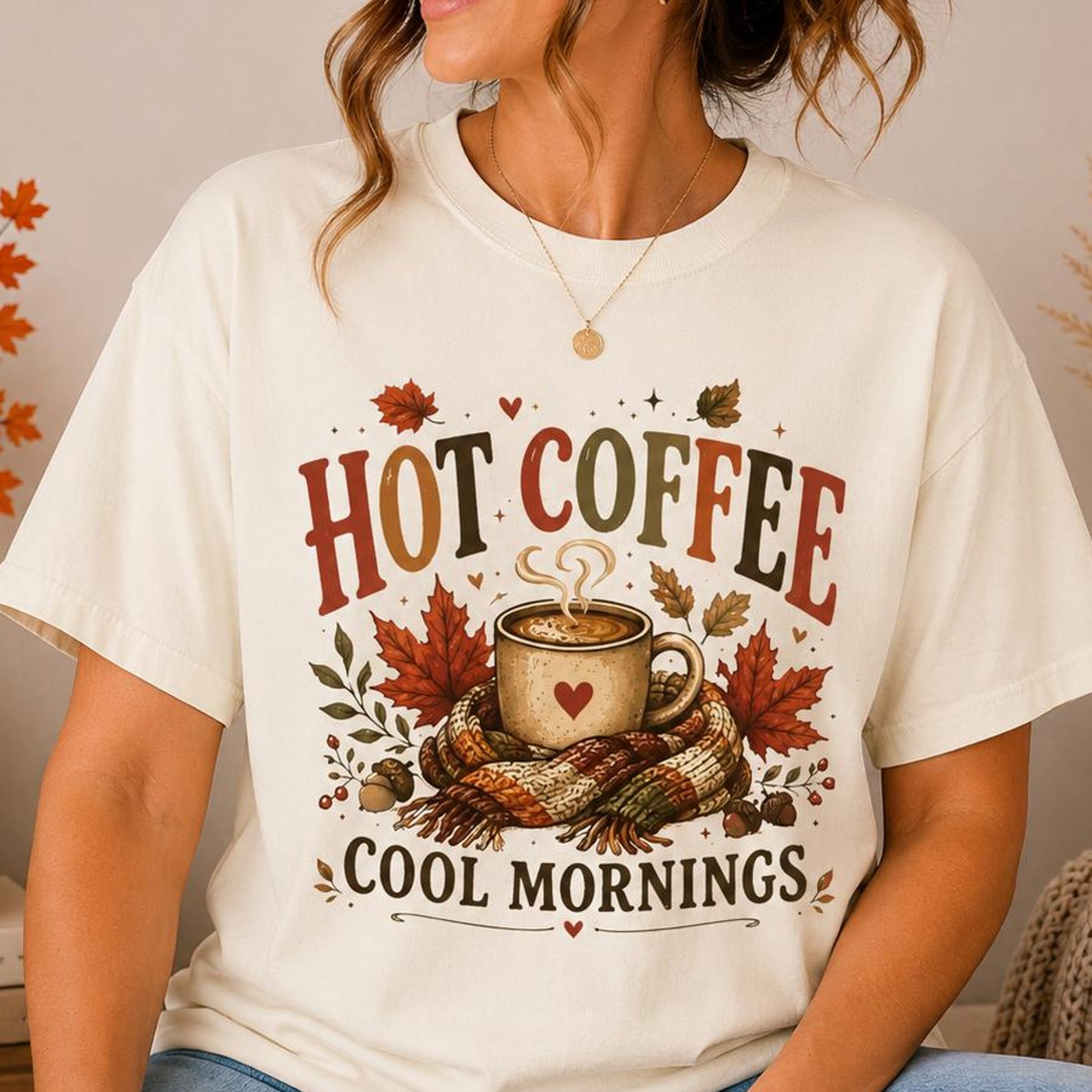 Hot Coffee Cool Mornings Shirt, Fall Coffee Lover Tee, Autumn Graphic T-Shirt, Cozy Season Shirt, Pumpkin Spice Aesthetic Tee, Fall Vibes 2XL