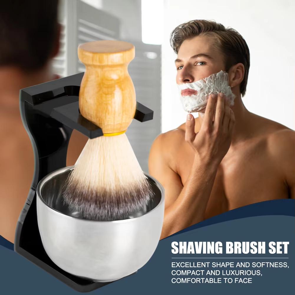 3 In 1 Shaving Brush Set with Acrylic Stand Stainless Steel Bowl Beard Grooming Kit for Men