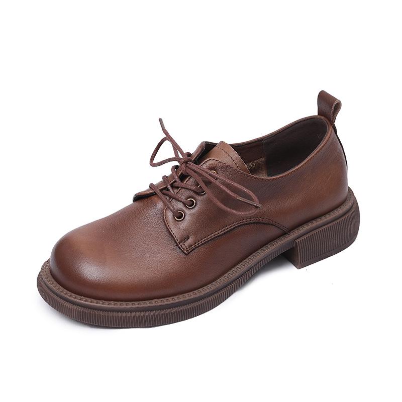 

2023 Осінні жіночі балетки з натуральної шкіри з круглим носком на шнурівці з м якою підошвою та низьким підбором 38 коричневий