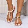 Pearl Studs Clip Toe Sandals Women String Bead Metal Ring Flip Flops Fairy Anti-skid Beach Sandalias All-match Jelly Shoes Woman