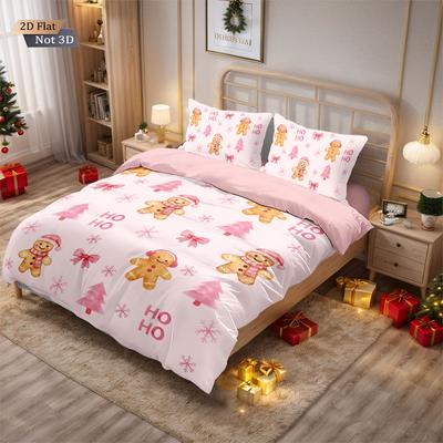 3pcs Pink Merry Christmas Gingerbread Printed Coreless Bedding Set Multi Size Bedroom Bedding Holiday Decoration Comfortable