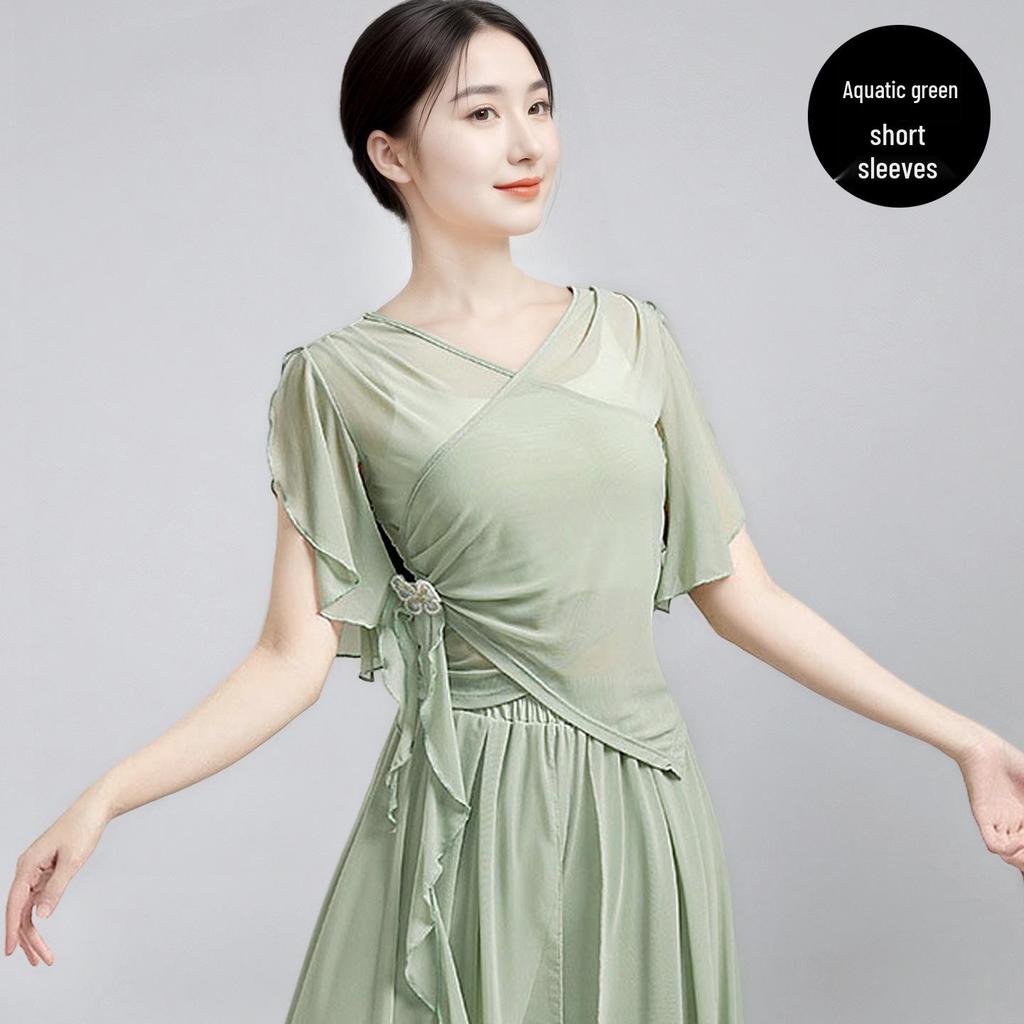Women's Classical Chinese Dance Bell Sleeve Top - Sheer, Long Sleeve, Body Shaping Dancewear for Adults