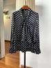 Women's Black and White Polka Dot Long Sleeve Ribbon Silk Top