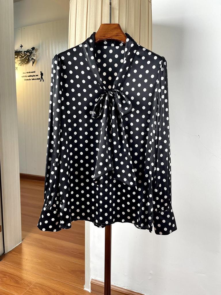 Women's Black and White Polka Dot Long Sleeve Ribbon Silk Top