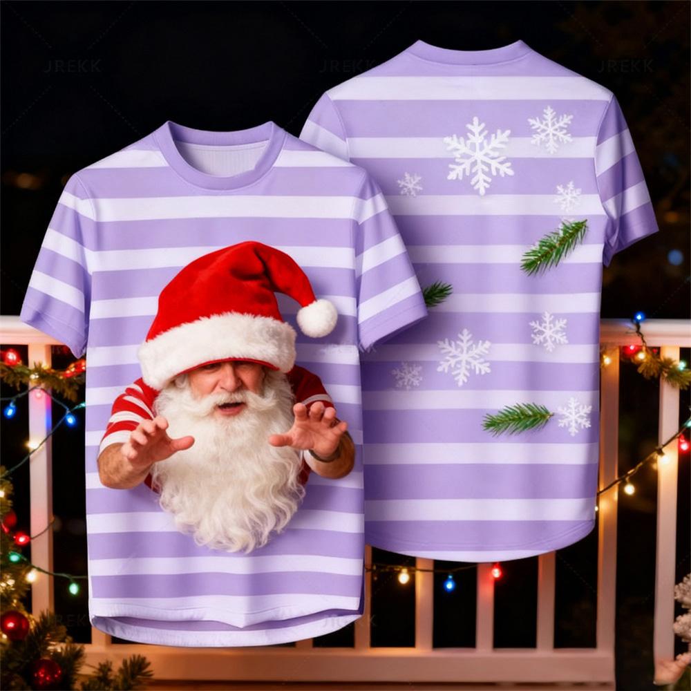 Christmas-Themed Men's Crew Neck Short-Sleeve T-Shirt 3D Santa Claus Striped Print Unisex Comfortable Breathable T-Shirt
