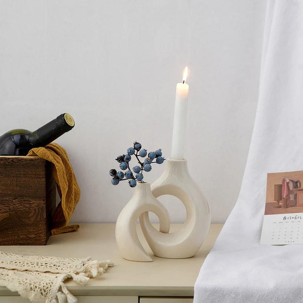Minimalism Home Decor White Interlock Candle Holder Living Room Tabletop Ornament Ceramic Candlestick Wedding Decoration Gift