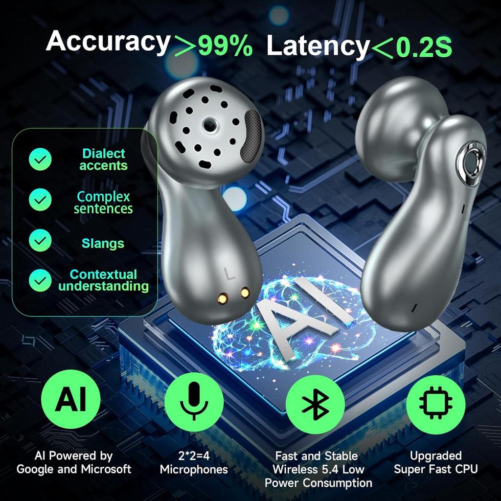 AI Translation Earbuds Real Time 144 Languages Translator Devices 99% Accuracy 4-Microphone Translator Headphones Bussiness Travel Study iOS Android