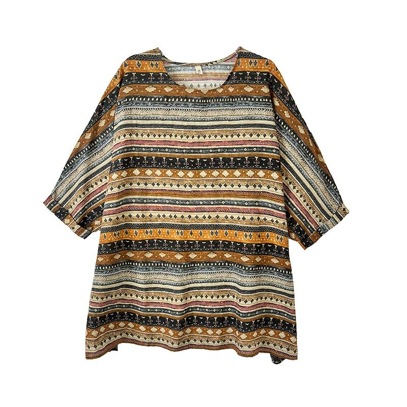 Oversized Vintage Stripe Floral Casual Loose Long T Shirt Tops Women Summer T-shirt
