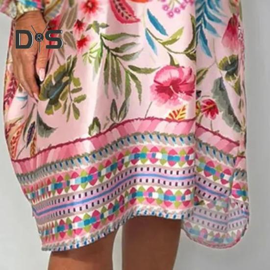 Women's Plus Size Boho Dress Floral Print Short Sleeved Button Up V Neck Dress Knee Length Summer Casual Shirt Dress