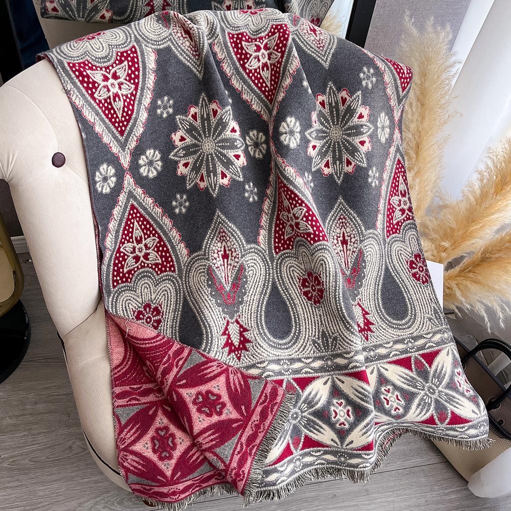 Women Two Sided Flower Print New Scarf Imitation Cashmere Soft Warm Pashmina Shawl Autumn Winter Coldproof Windproof Blanket