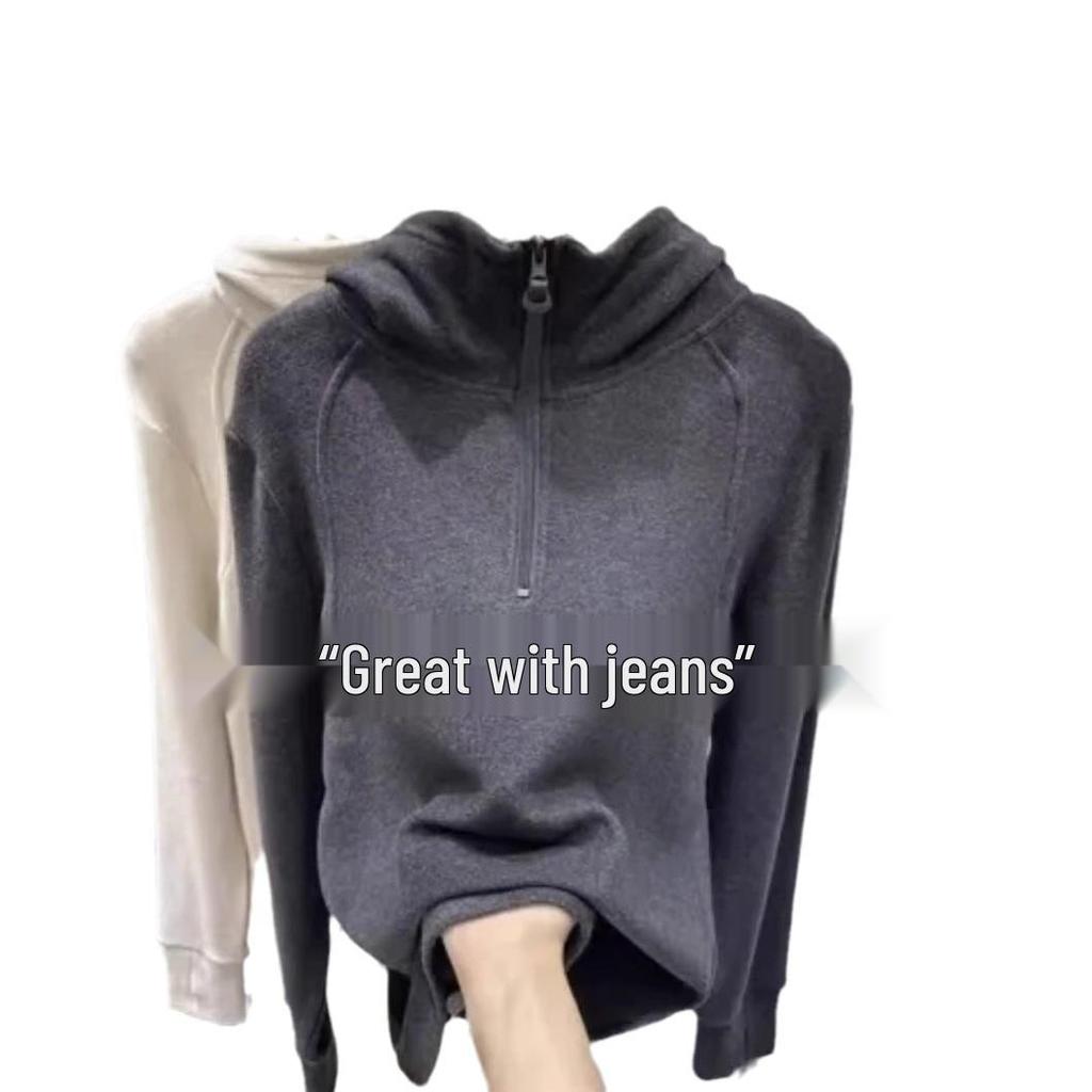 2024 Autumn/Winter Chic Solid Color Hooded Zipper Sweatshirt with Long Sleeves
