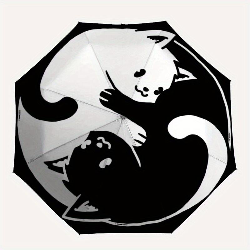 1pc Yin and Yang White Cat and Black Cat Pattern Beautiful Looking Automatic Folding Umbrella, 3 Folding, 8 Pole Frame Design, Durable and Suitab