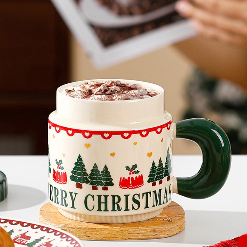 400ML Christmas Coffee Cups Personalized Ceramic Mug with Lid Cute Home Office Copo Breakfast Milk Drinking Friend Kid Xmas Gift