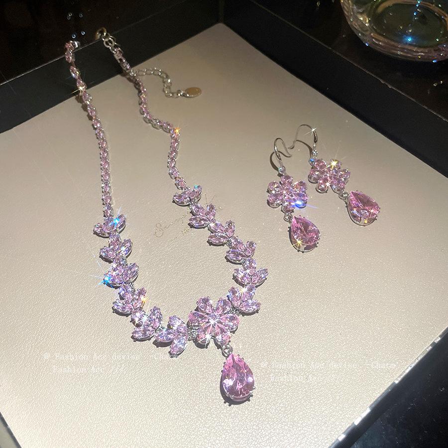 European and American Zircon Diamond-encrusted Flower Water Drop Pendant Ear Hook Sweet Exquisite Simple Necklace Light Luxury High-end Suit Women